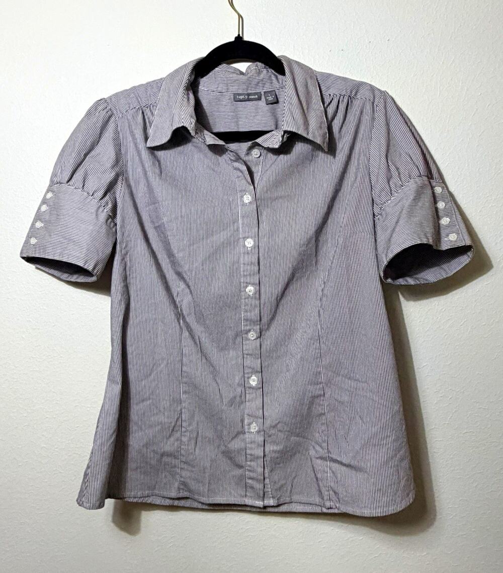 Stretch Striped Collared Button-Up Puff Short Sleeve Shirt Size L